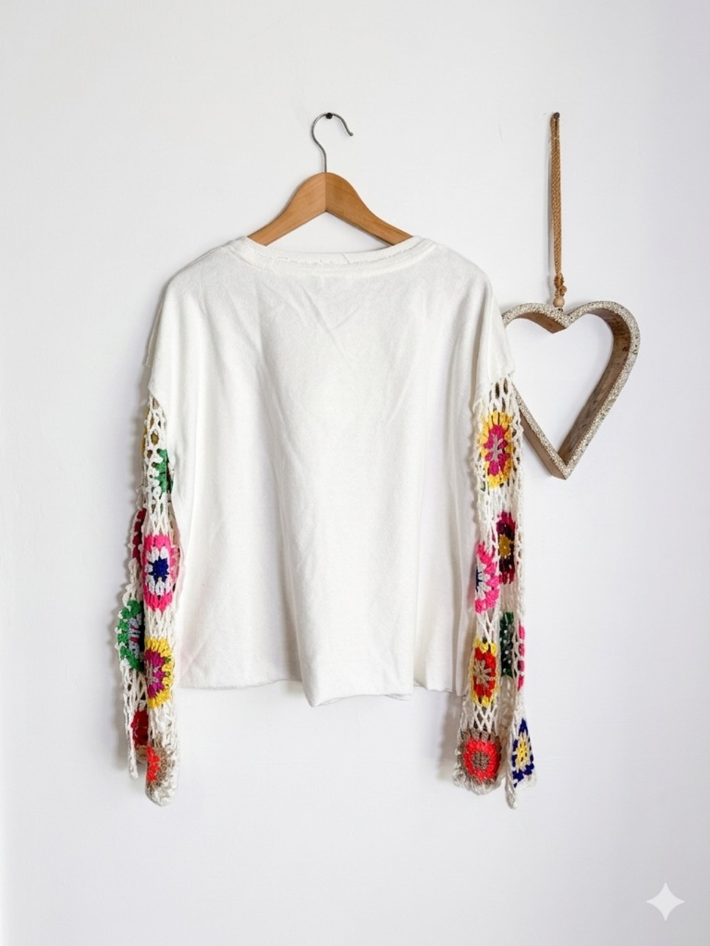 Umgee Ivory Crochet Sleeve Top Boho Floral Knit Sleeve Tee Lightweight LARGE - Picture 3 of 10